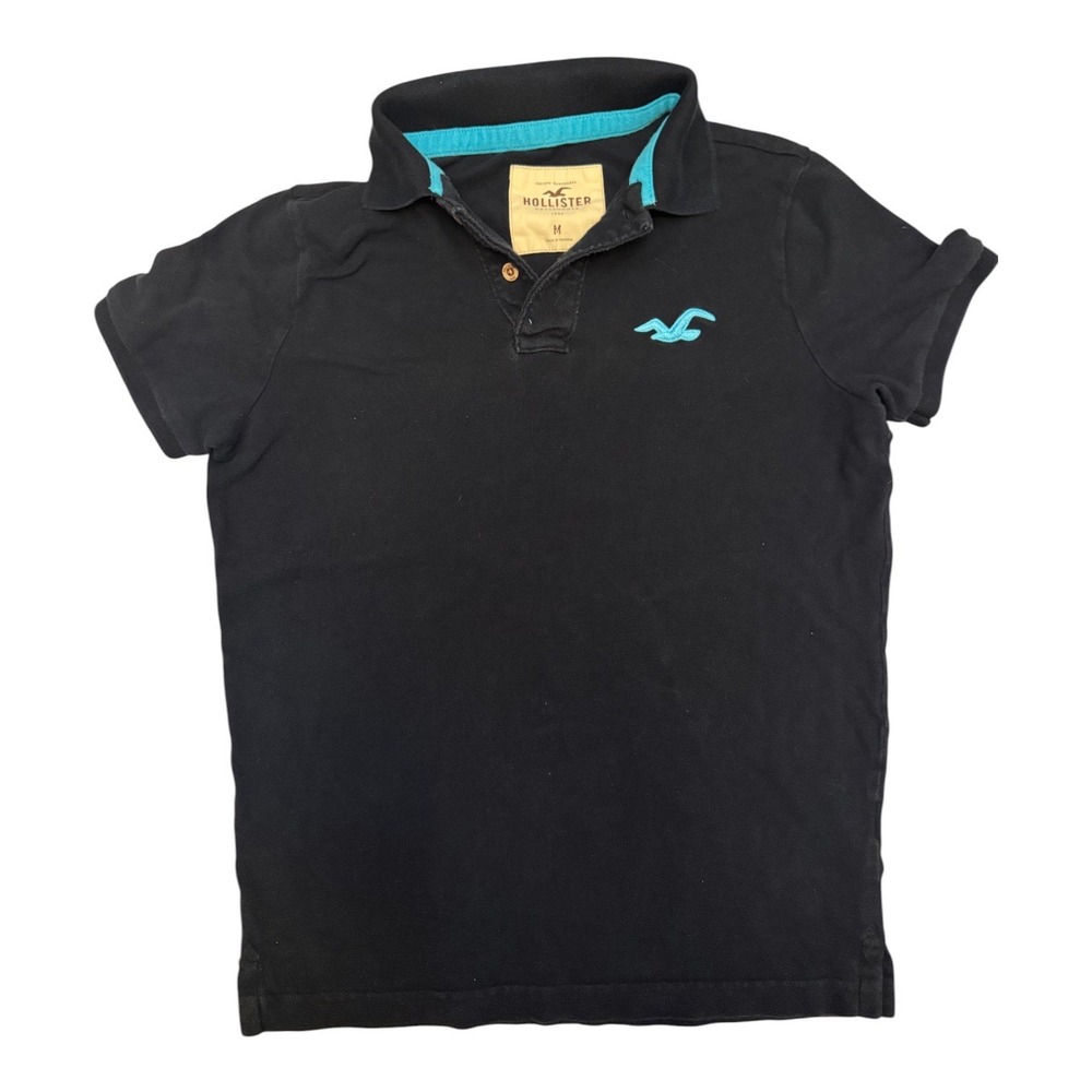 VINTAGE Hollister Men Polo M Black Blue Logo Embroidered Short Sleeve Y2K